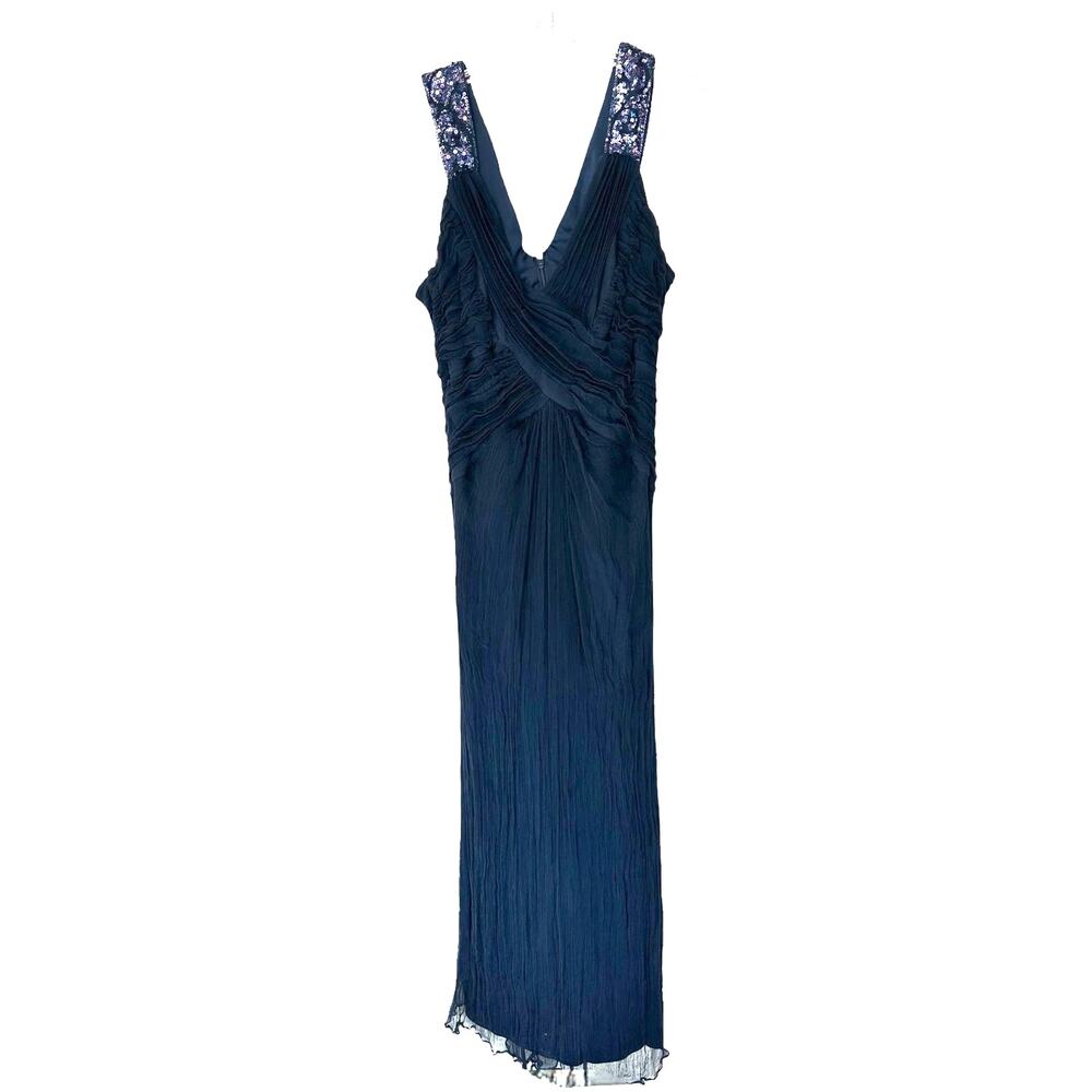 Tadashi Shoji Dress Navy Blue Sequin Silk‎ Sleeveless Formal Maxi Gown Size 16